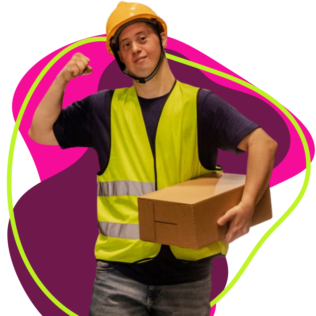 Down syndrome worker holder a box and flexing
