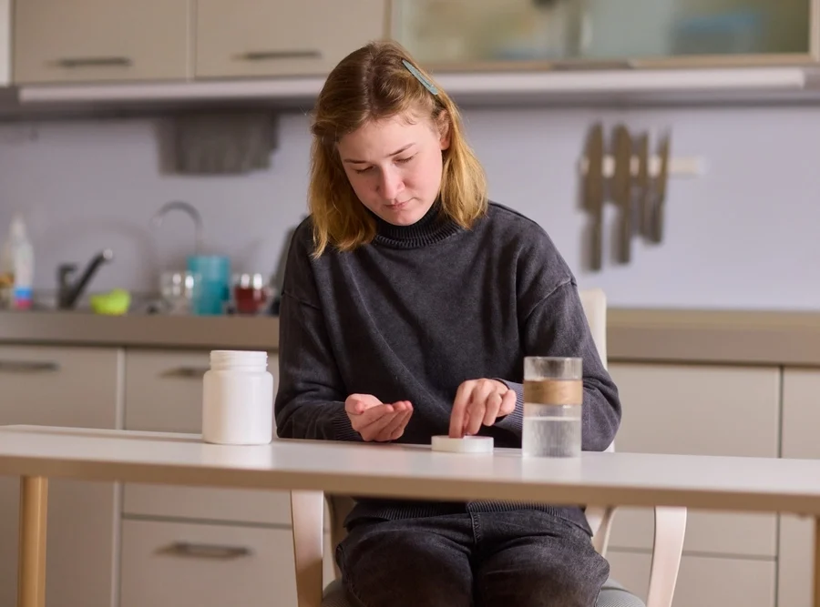 Woman on wheel chair taking medicine